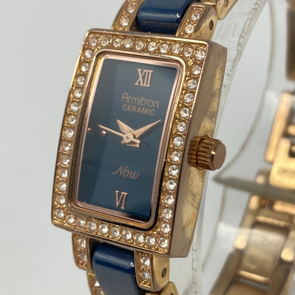 Armitron Tank Watch Women 17mm Rose Gold Tone Navy Ceramic Bling New Batt 6.75"